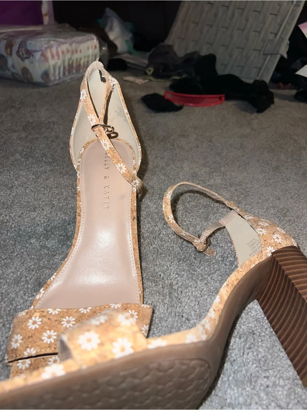 Kelly & Katie Tan Floral Ankle Strap Block Heel Sandals - Picture 6 of 6